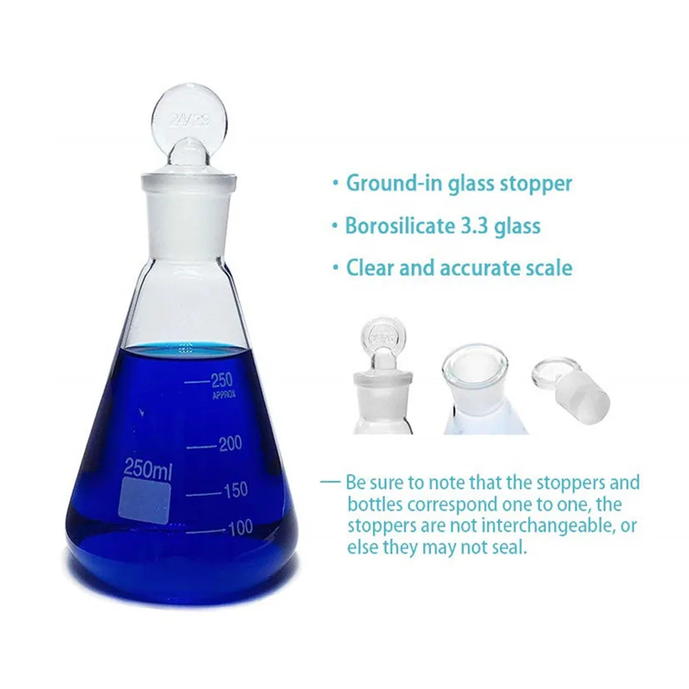 

3Pcs Thickened Glass Conical Flasks Stopper Durable Accurate Scale Odorless Laboratory Chemistry Class Experiment Supplies