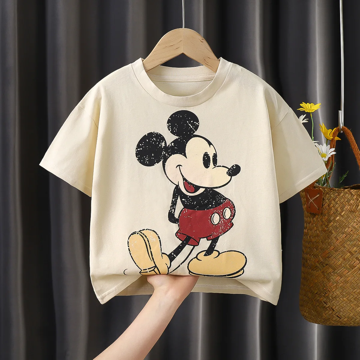 Mickey Print T-shirt Summer Clothing Solid Color Short Sleeve Tops Casual Simple Cartoon Cute Crewneck Base Shirt For Baby