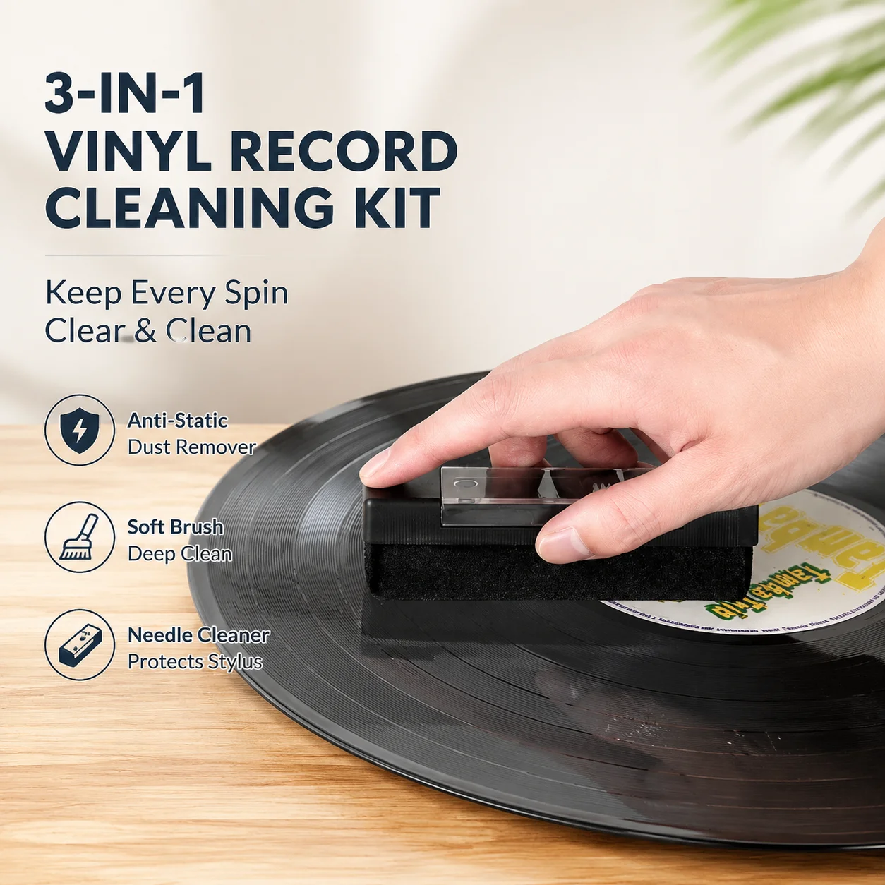 3-in-1 Vinyl Record Cleaning Kit with Brush and Needle Cleaner, Anti-Static Dust Remover for Turntable LP Record Player