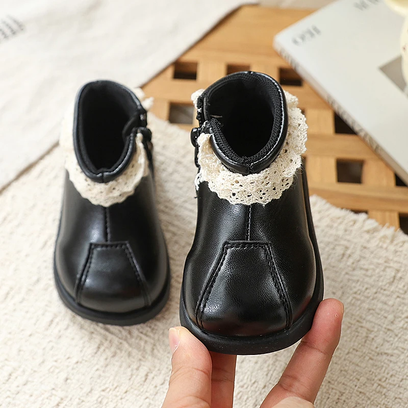 Toddler Girls Lace Trim Ankle Boots, Cute Split Toe Design, Side Zipper, Non Slip Flat Sole, Sweet Boots for Daily Outfits