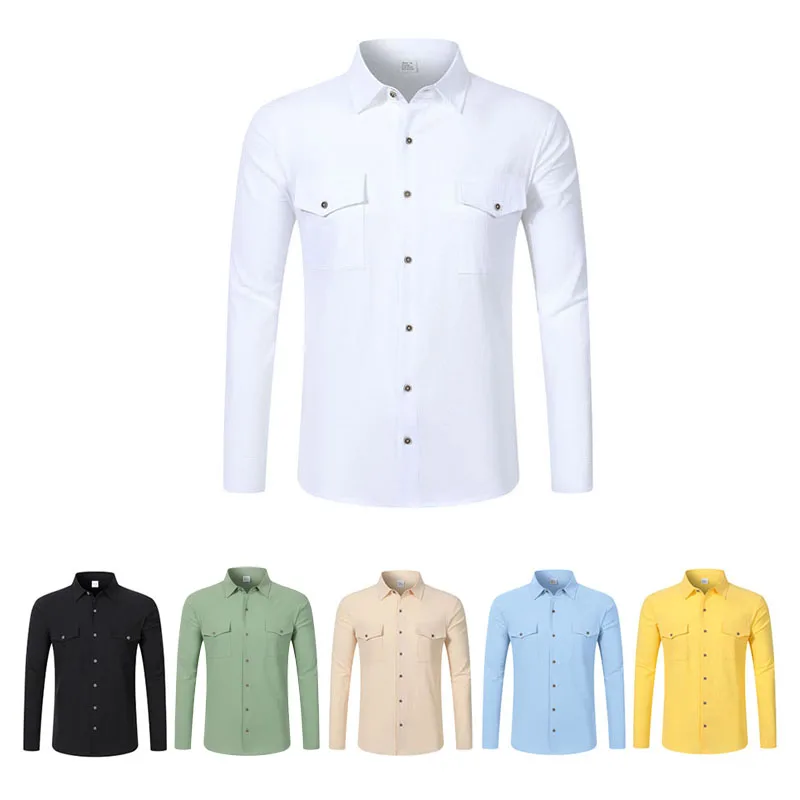 Camisa Casual Masculina de Manga Longa 2026 Nova com Bolso Duplo no Peito, Botões, Linho Macio e Solto, Confortável para o Dia a Dia, Trabalho, Rua e Uso ao Ar Livre