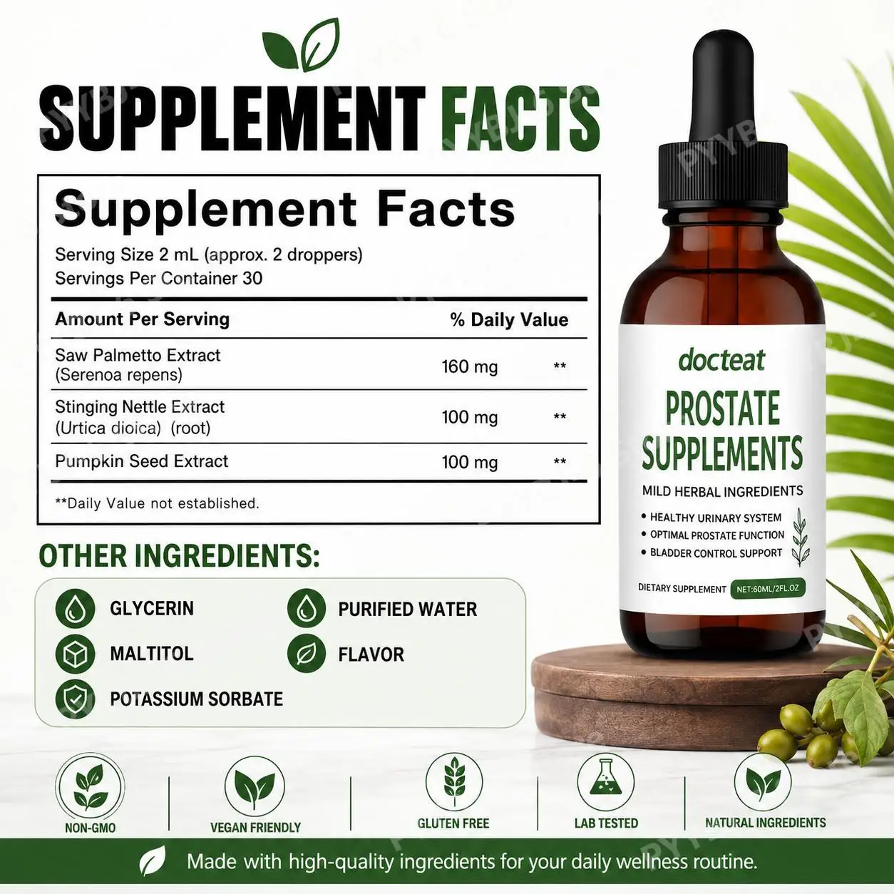 Docteat Prostate Support Liquid Drops Saw Palmetto Stinging Nettle Root Extract Men's Urinary Wellness Supplement 60ml