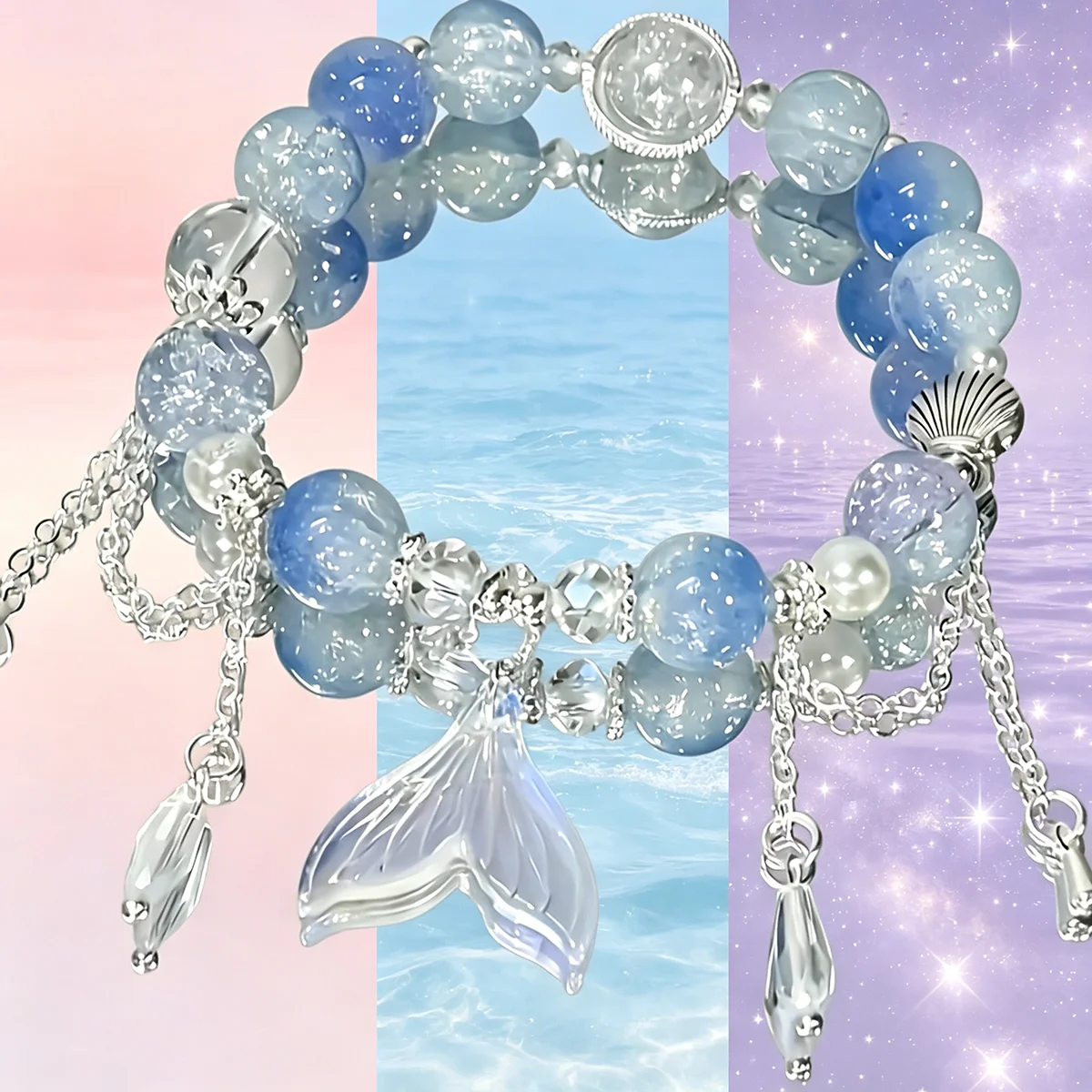 Deep Blue Gradient Glass Bead Bracelet, Mermaid Tail Charm Hand Chain with Teardrop Flower Tassel, Aesthetic Jewelry Gift for Women Girlfriend, Mother’s Day Prom Birthday Party