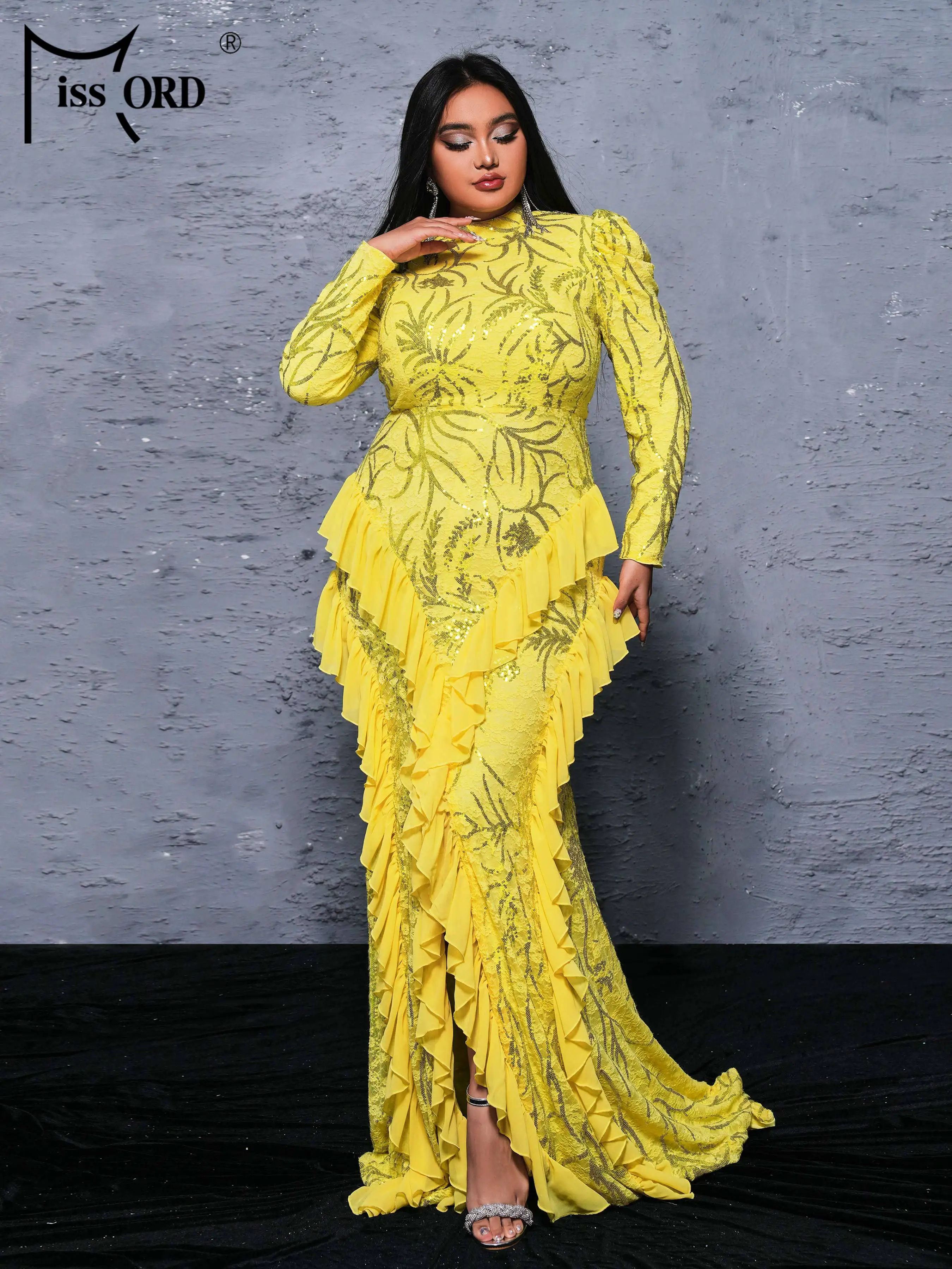 Missord 2024 Plus Size Yellow High Neck Long Sleeved Ruffled Wedding Birthday Party Evening Large Evening Dress