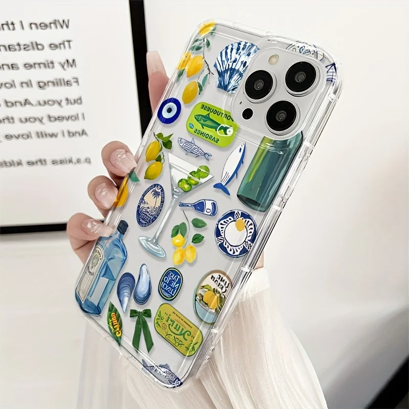 Transparent Seaside Scenery Wine Lemon Pattern Printed Anti-Fall Phone Case for Iphone 16 15 14 13 12 11 Pro Max 7 8 Plus Cover