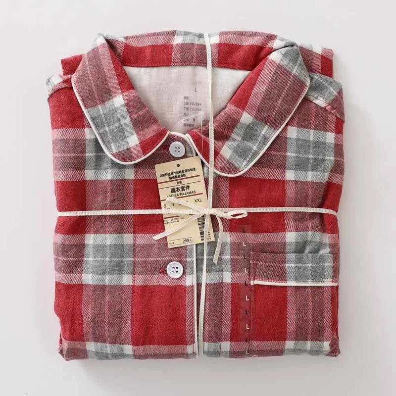 Women Vintage Grid Stripe Pajamas Set Brushed Cotton Lapel Pjs Loungewear 2 Pcs Shirt&pants Long Sleeve Homewear Sleepwear Suit