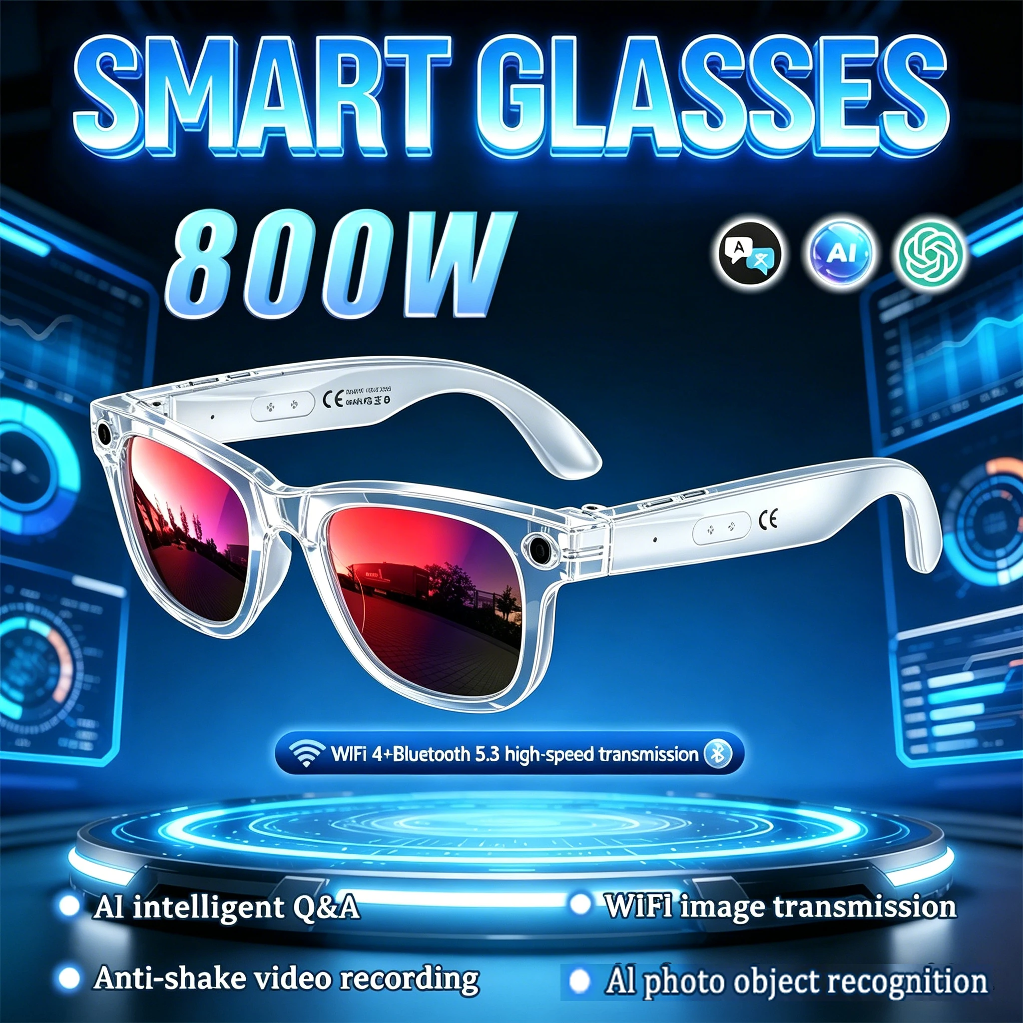 

Умные очки Marsyu 800W с ИИ и камерой для мужчин: меняющие цвет, с функцией перевода, записью фото и видео, водонепроницаемые, для звонков