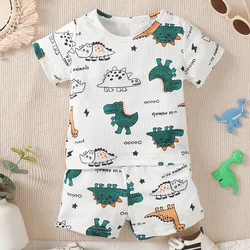 Boys and girls summer short-sleeved dinosaur letter pattern pit stripe material T-shirt and shorts set