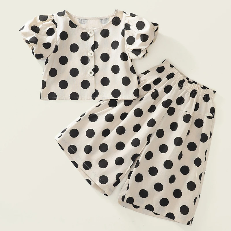 

2piece Sets Summer Baby Girl Clothes Korean Fashion Cute Dot Short Sleeve Cotton Tops+Loose Pants Boutique Kids Clothing BC1729
