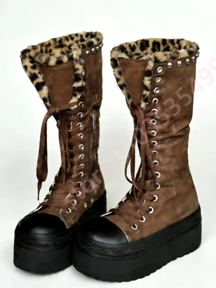 Platform Y2K Leopard Print Lace-Up Stage Boots 2026 Street Rock Punk Motorcycle Boot Mixed Color Fashion Party Casual Long Boot