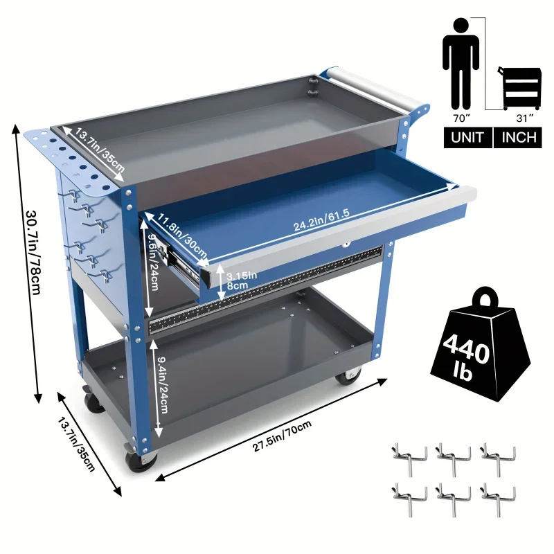 3-Tier Rolling Tool Cart with Wheels, Heavy Duty Metal Mechanic Cart with Drawers and Pegboard, 440 LBS Capacity, Tool Cart