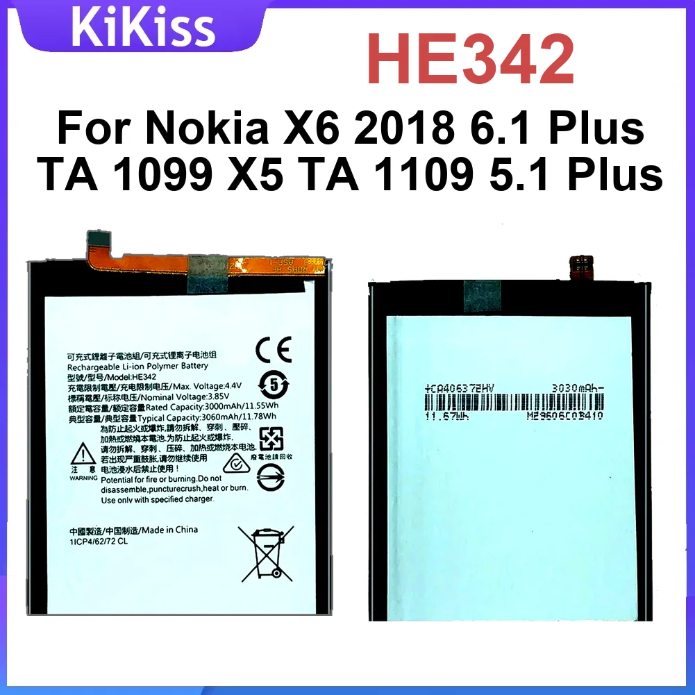 

3000Mah HE342 Mobile Phone Battery For Nokia 6.1 5.1 Plus X6 2018 X5 TA1099 TA1109 Premium Durable