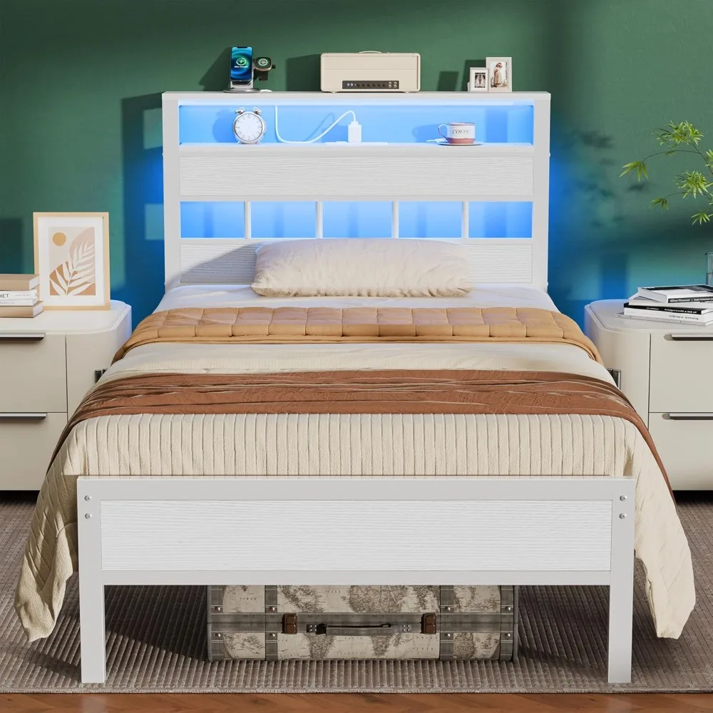 

Twin Bed Frames with Charging Station and LED Lights, Wood Headboard with 2-Tier Storage Shelves, Platform Bed with Metal Slats