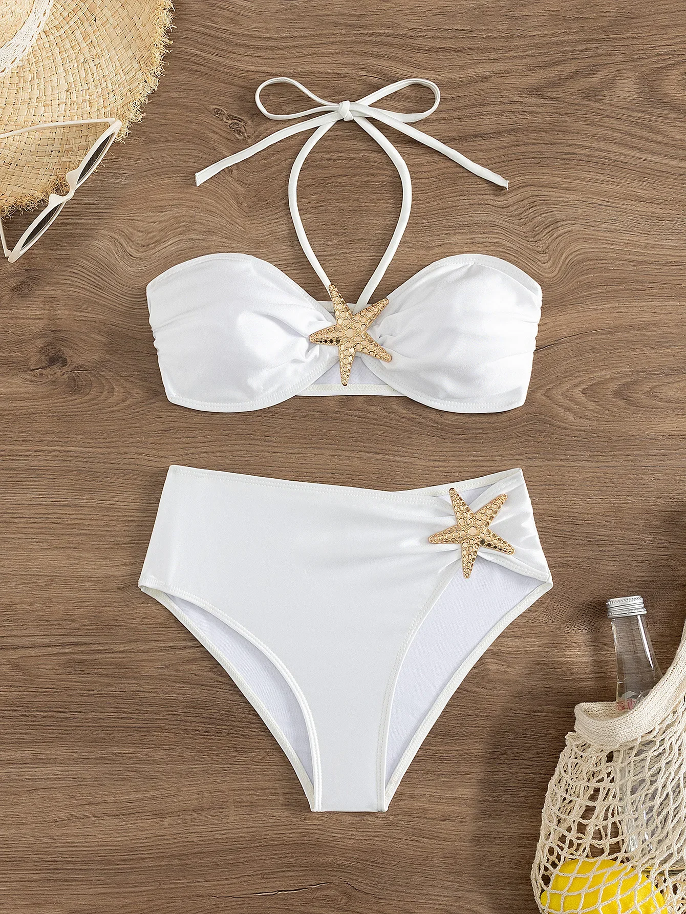 Conjuntos de Bikinis de estrella de mar blanca para mujer, traje de baño Sexy plisado con realce de cintura alta, traje de baño de dos piezas para vacaciones 2025
