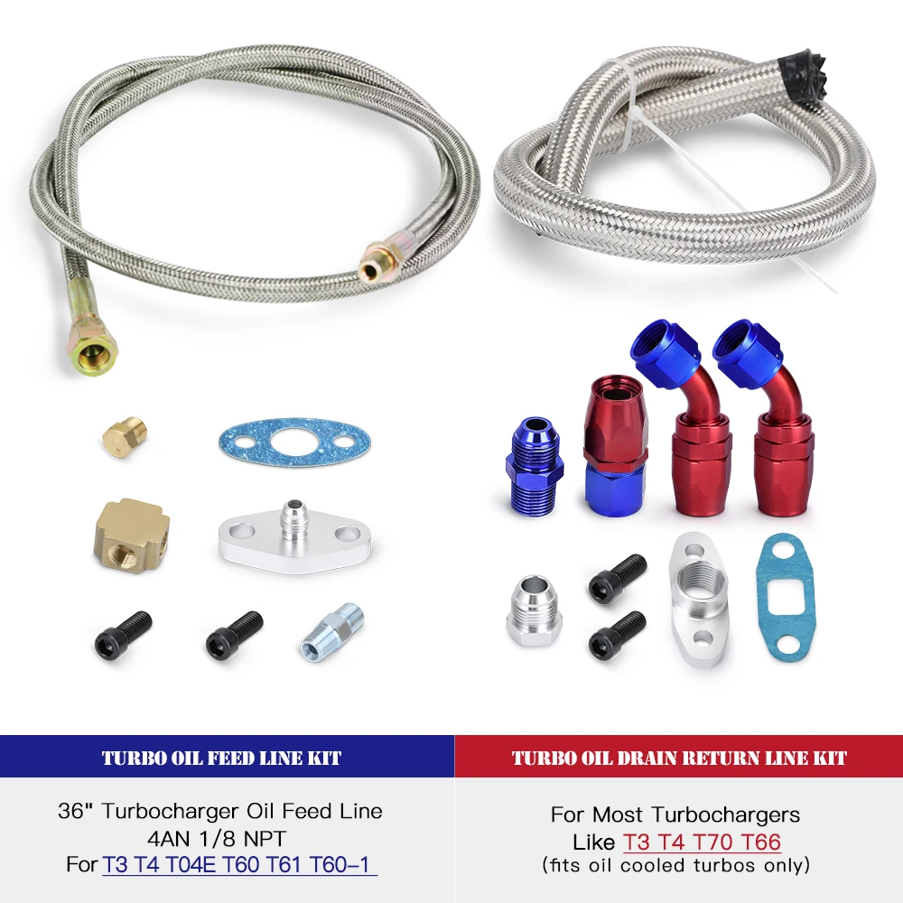 

Universal Turbo Charger Oil Feed Line Oil Return Line Oil Drain Pipe Complete Kit Compatible with T3 T4 T04E T60 T61 T60-1 T70