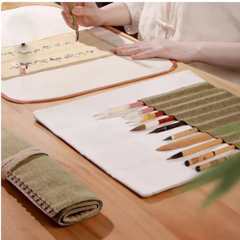 Classical Chinese Calligraphy Brush Case - Cloth Pen Roll for Sumi Brushes - Portable Painting & Writing Tool Organizer 10 Slot