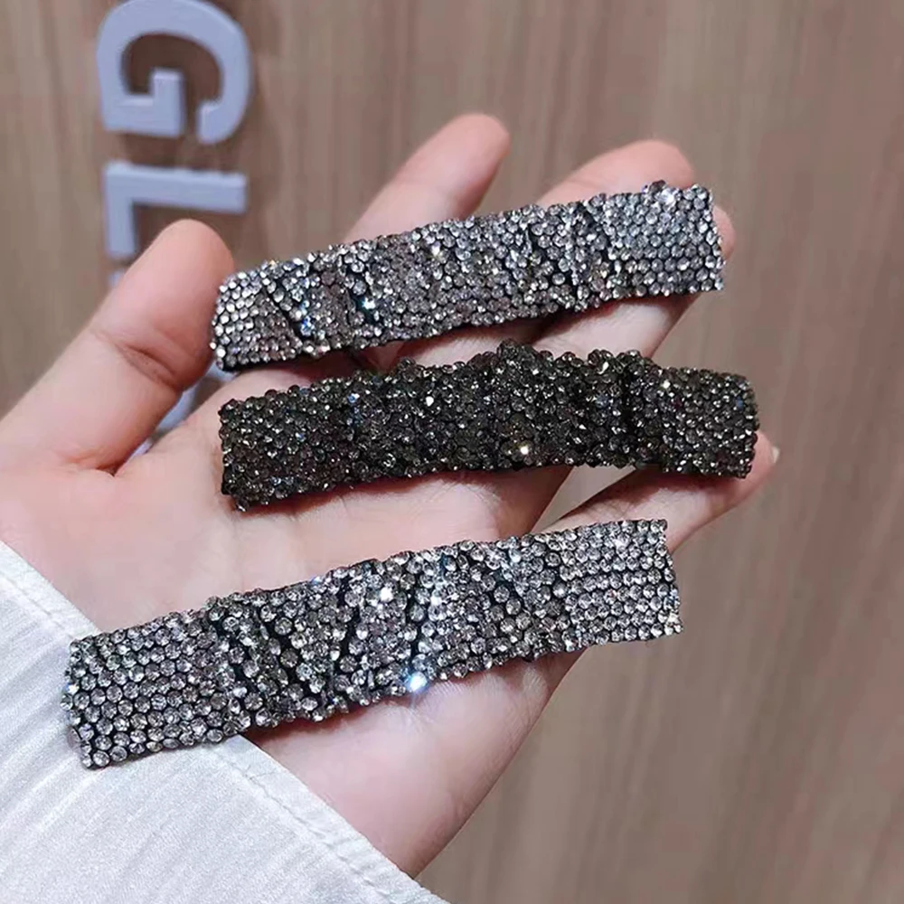 Simple Full Rhinestone Hairpin Luxury Faux Crystal Pleated Hair Clips For Women Girls Bangs Sides Barrettes Hair Accessories