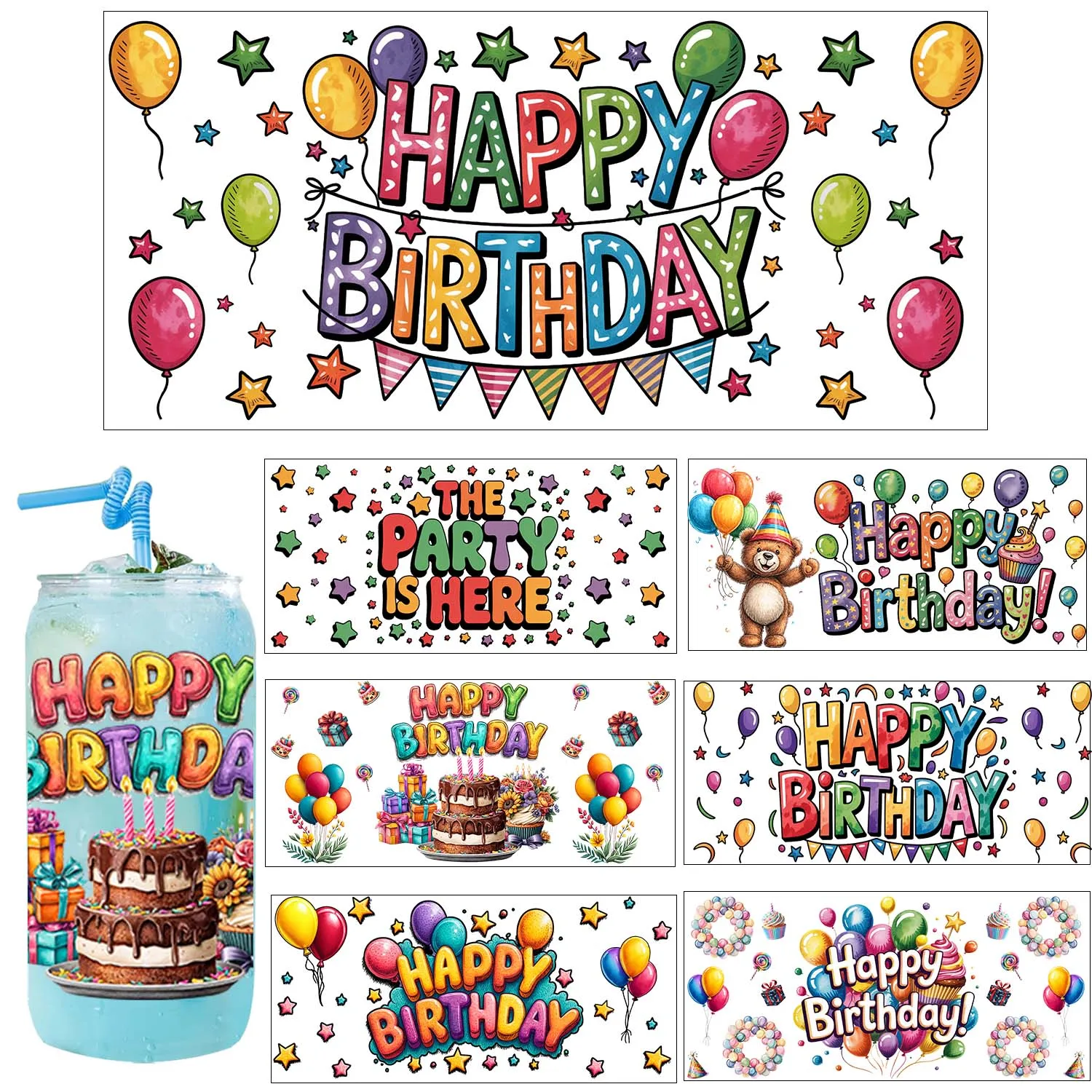 Happy Birthday Vibe Rub On 16oz UV DTF Transfer Sticker Waterproof DIY Decals 3D Transfers UVDTF Sticker 16oz UV DTF Cup Wraps