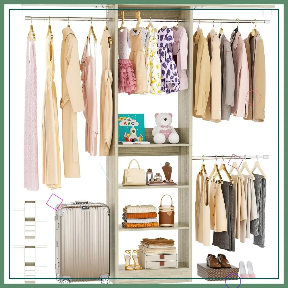 منظم خزانة 4 أقدام مع 4 قضبان و3 أرفف، نظام تخزين موفر للمساحة 80 بوصة ارتفاعًا لغرف النوم الصغيرة وغرف الملابس