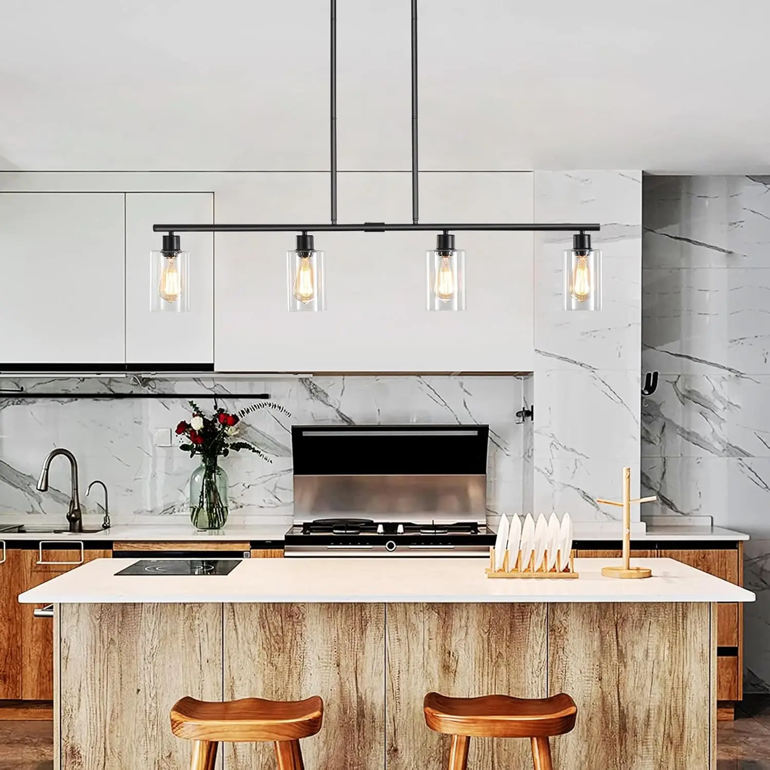 Pendant Lights Kitchen Island, 4-Light Dining Room Light Fixture/Chandelier Over Table With Seeded Glass Shade, Black Farmhouse