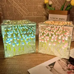 DIY Tulip Mirror Cube Lamp Simulation Flower Bedroom Sleeping Table Lamp Romantic Handmade Craft Night Light Birthday Gift