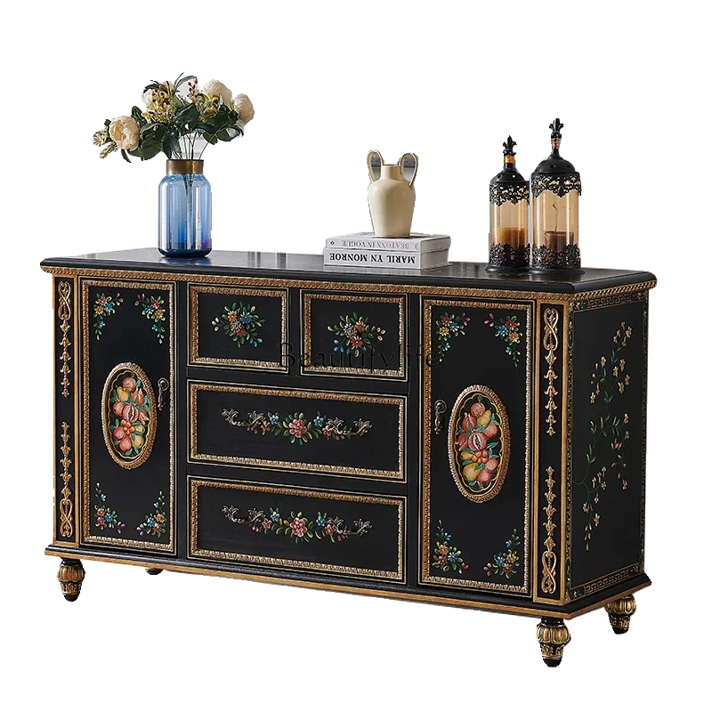 

FG10French Spot Luxury Hand Painted Gold Foil Entrance Cabinet European Solid Wood Birch Furniture Locker