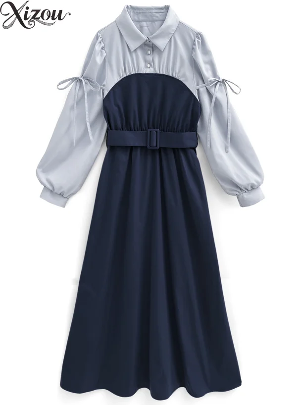 Słodka sukienka z kołnierzykiem, patchworkowa, damska, z kokardą, bufiastymi rękawami, z paskiem, z wysokim stanem, do pracy, w kształcie litery A, 2025, japońska, sznurowana, francuska.