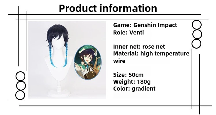 Peruka Cosplay Venti Genshin Impact Przebranie Postaci Peruki Damskie Niebieski Gradient Warkocz Syntetyczne Włosy Akcesoria Kostiumowe na Halloween
