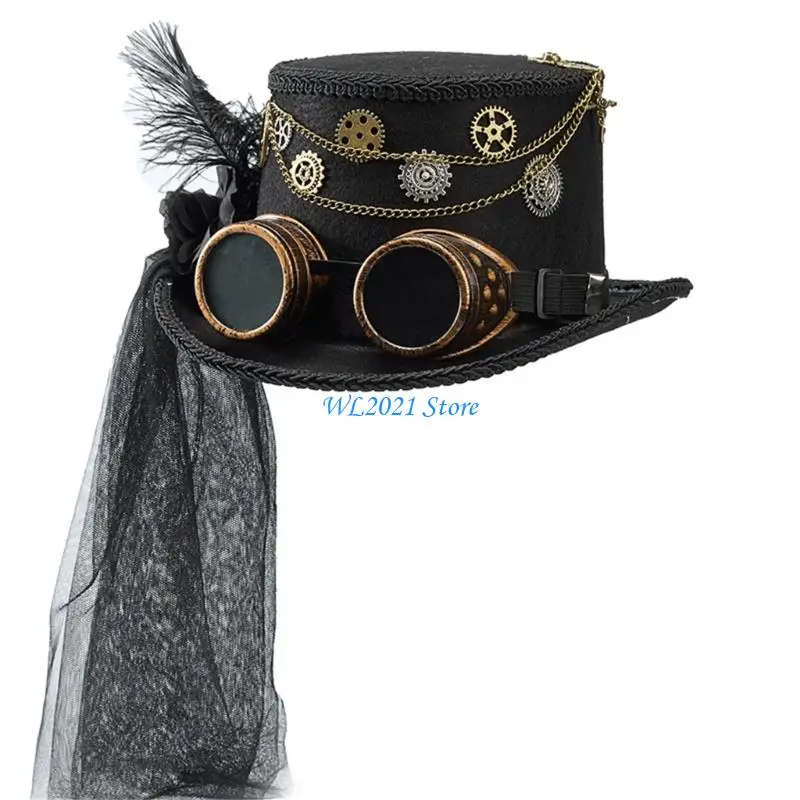 

G5GC Steampunk Hat With Dark Series Flower and Veil Design For Theater Stage Performances Halloween Party Gathering Headwear