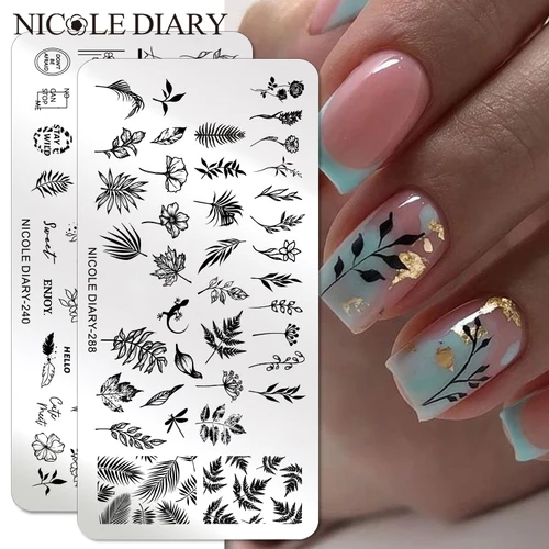 Imagen 1 del producto NICOLE DIARY-placas de estampado de hojas y flores para uñas, plantilla de impresión de línea de mariposa Floral, plantillas de sellos para uñas, herramientas de decoración de uñas