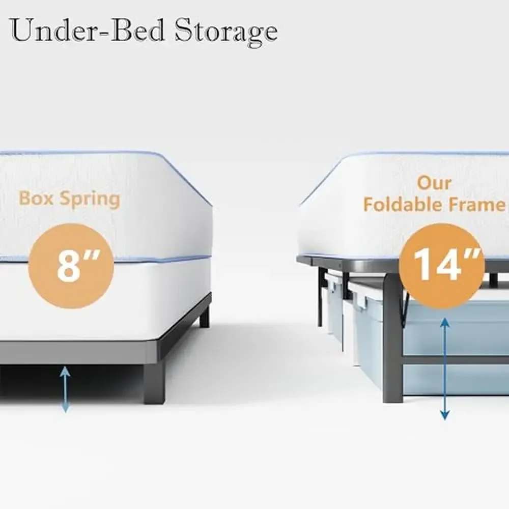 منصة قابلة للطي بإطار سرير معدني ، شريحة فولاذية عالية التحمل 14 بوصة ، بدون صندوق ، أداة ضرورية للربيع ، ضوضاء تجميع مجانية ، حجم مزدوج مجاني