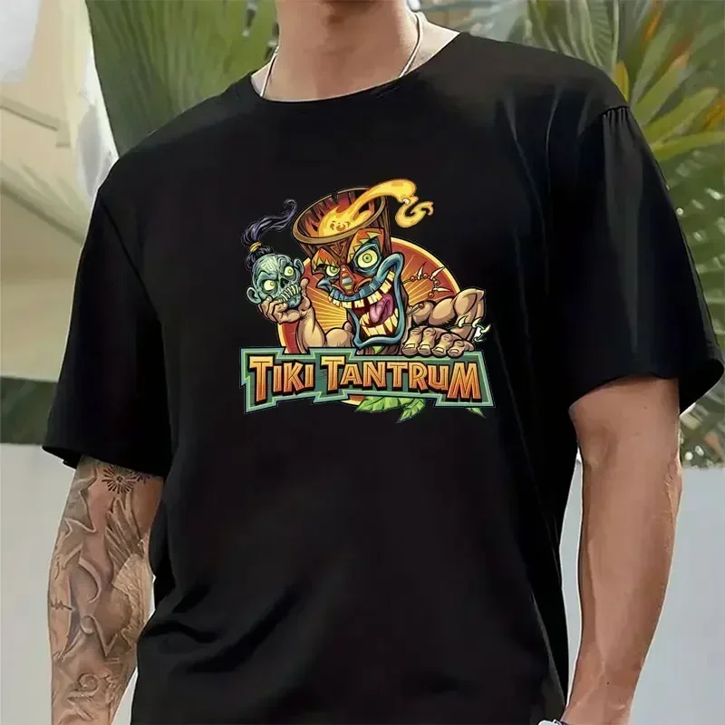 Tiki Tantrum Fun Monkey Island Game Cartoon Short Sleeve Crewneck Tshirt Ropa Hombre Hawaiian Totem Tiki Men's T-shirt  COTTON