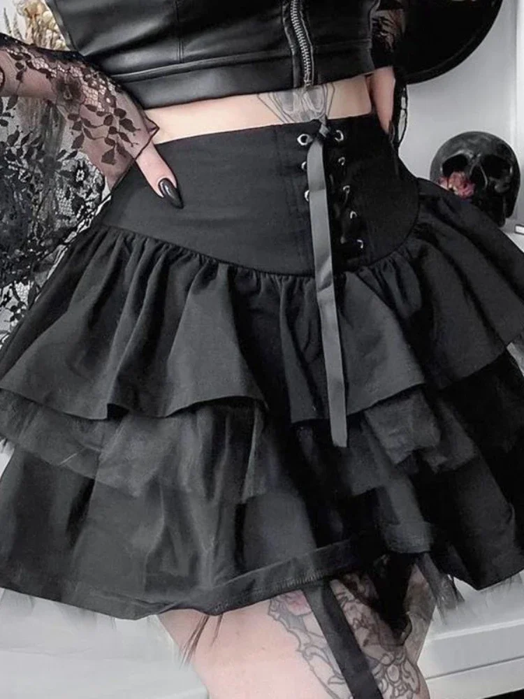 

Black Dark Academia Y2k Gothic Skirt Women Bandage Japanese Sexy Party Mini Skirt Female A-line Lace Designer Puffy Skirt 2024