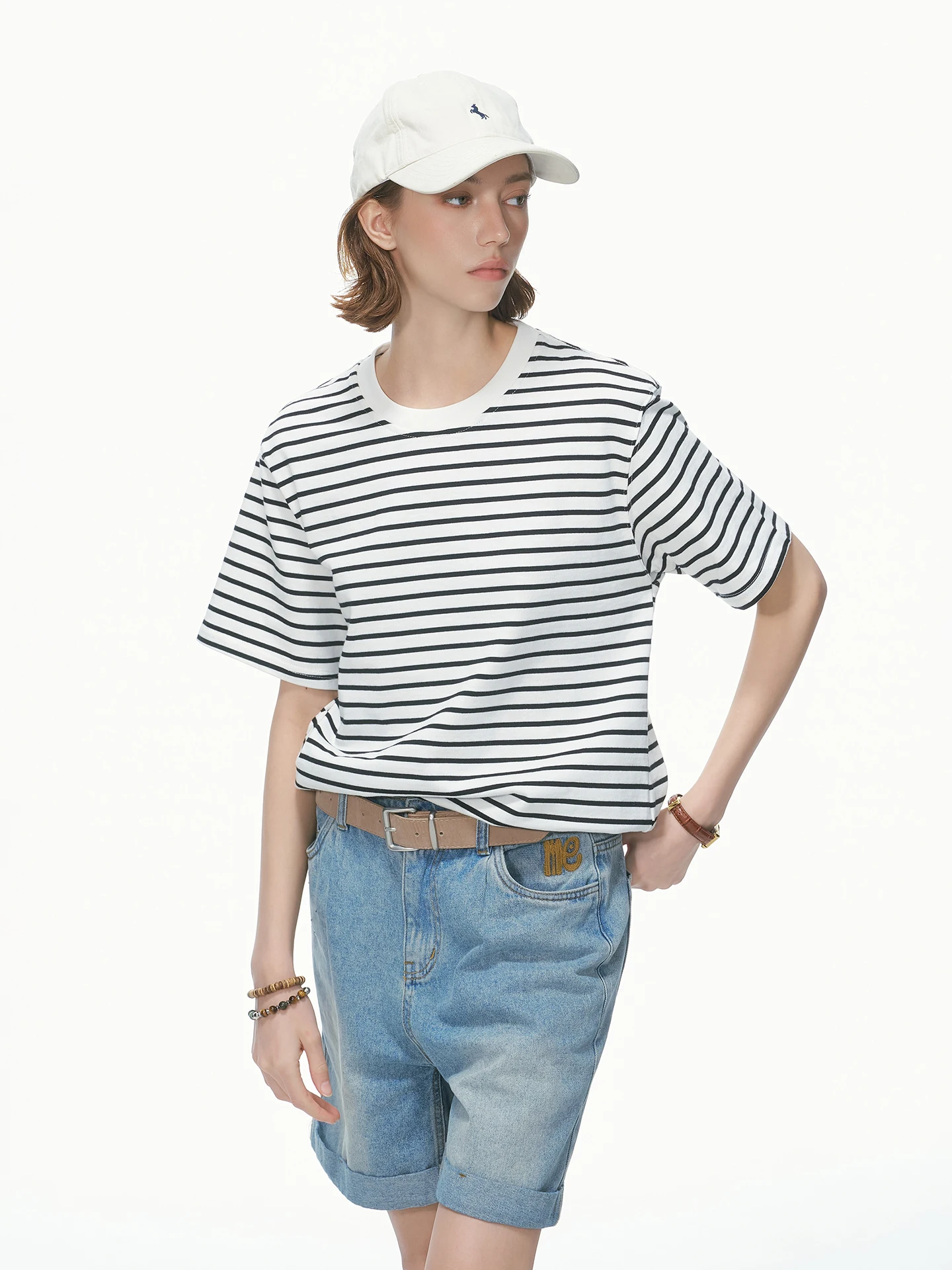 Dream Made American Style Heavyweight Striped Short Sleeve T-Shirt Men's Summer New Pure Cotton Half Sleeve round Neck Top