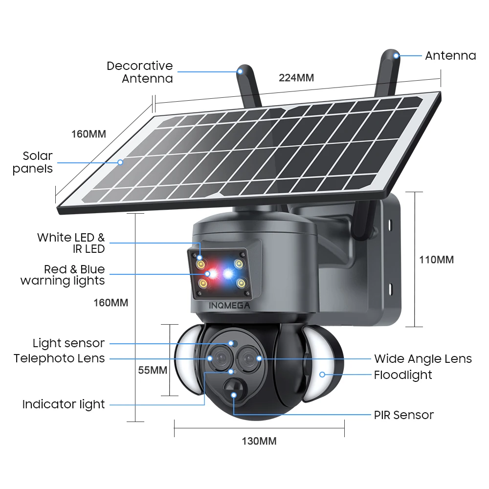 Imagem -06 - Inqmega 6mp Wifi Câmera Ptz 4g Lente Dupla Externa Pir Inteligente ai Rastreamento Automático Câmera ip Cctv Câmera Solar ao ar Livre Alarme Vermelho Azul