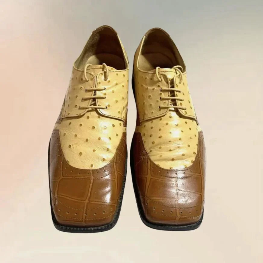 

Brown Ostrich Print Square Toe Cross Tied Loafers Fashion Lace Up Men Shoes Luxury Handmade Party Feast Dating Men Casual Shoes