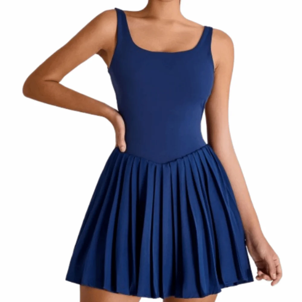 

Hollow Out Women Tennis Dress Lace Up Polyester Yoga Fitness Dress Buit-in Short Sleeveless Workout Romper Dress Gym Workout