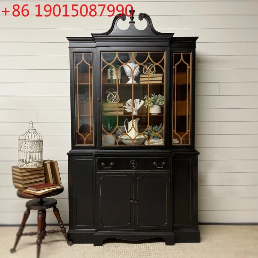 

American solid wood black dining side cabinet glass door display