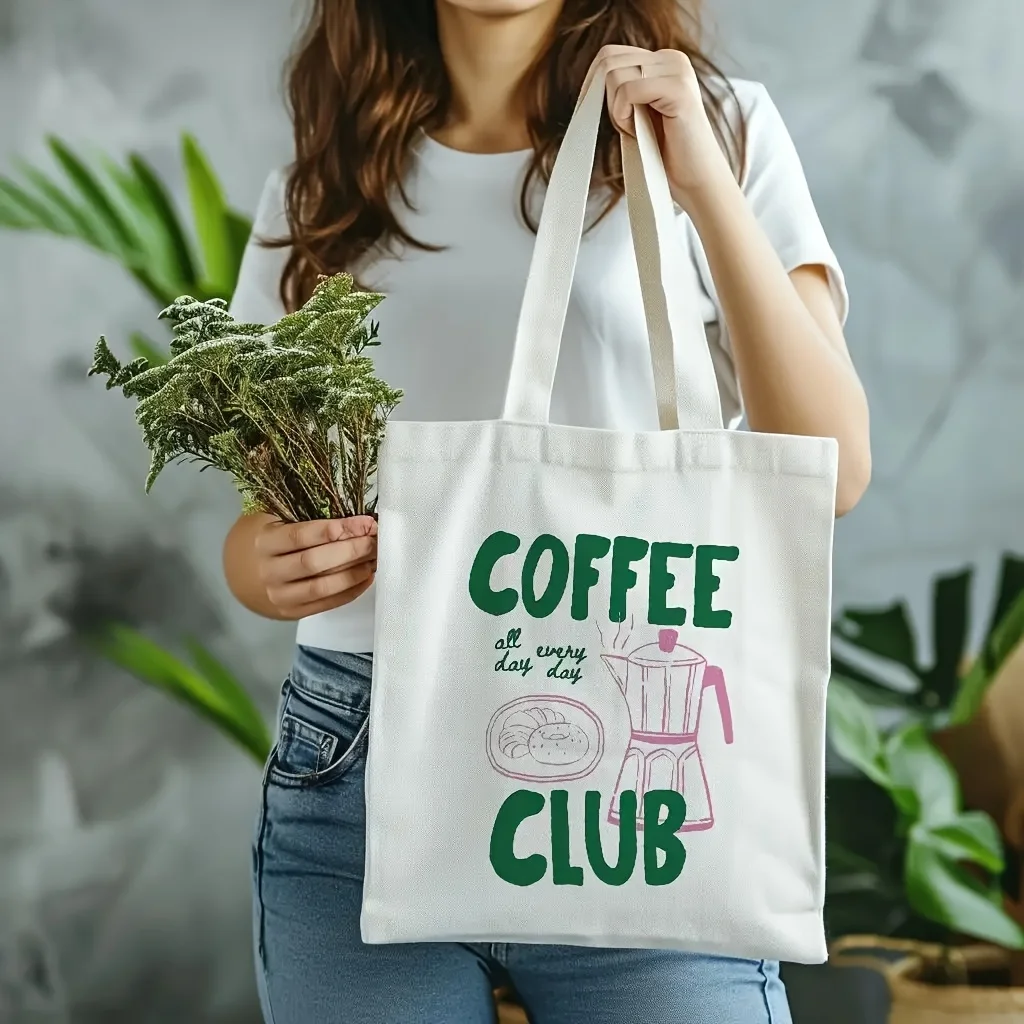 1pc Coffee Cup Pattern Print Canvas Tote Bag Shoulder Bag Suitable for Travel, Commuting,,, Casual Carry Shopping Bag for Daily
