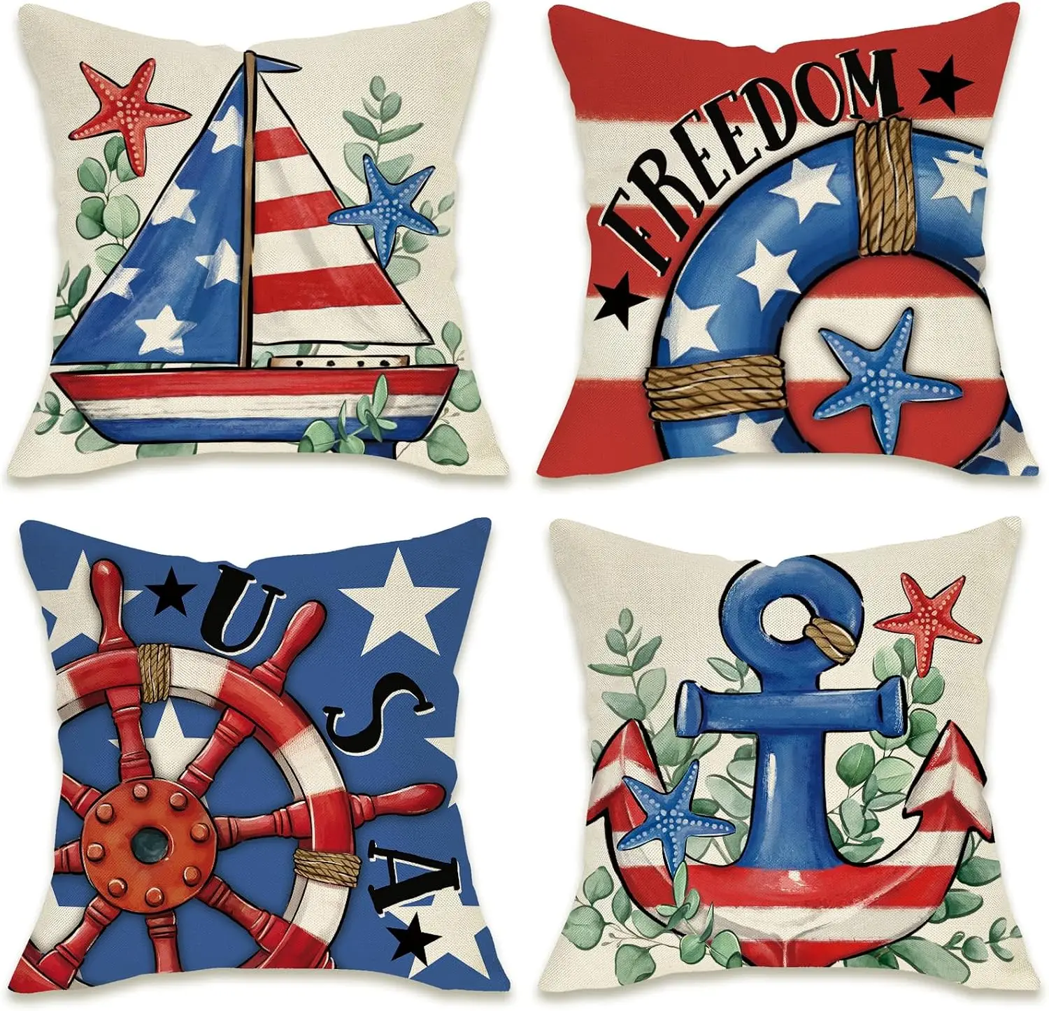 American Flag Nautical USA Patriotic Home Decor Throw Pillow Covers 4 Piece Set Coastal Ocean Sailing Ships Decor Cushion Case
