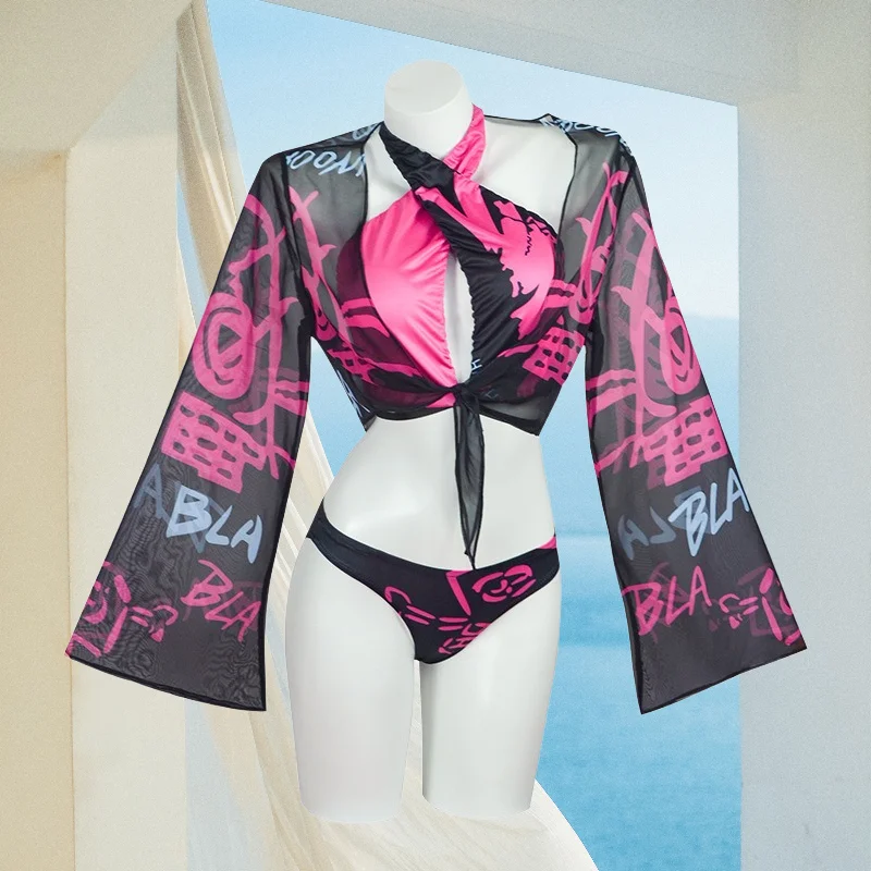 

Game Jinxs Cosplay Costume Swimsuit Pink Black Clothes Top Shawl Underwear Full Set Beach Outfit Summer Season New Women