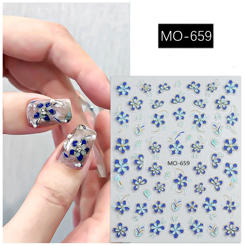 3 stücke 5d Präge Nail art Aufkleber Goldene Linien Lila Blau Emaille Blühende Blumen Aufkleber Für Nagel Dekorationen Maniküre Schönheit