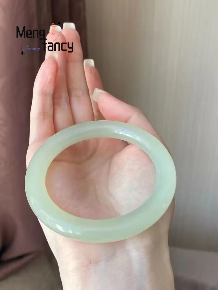 

Natural Hetian Green White Jade Fat Round Bar Clear Water Ladies Bangle Simple High-grade Sexy Young Girls Fashion Fine Jewelry