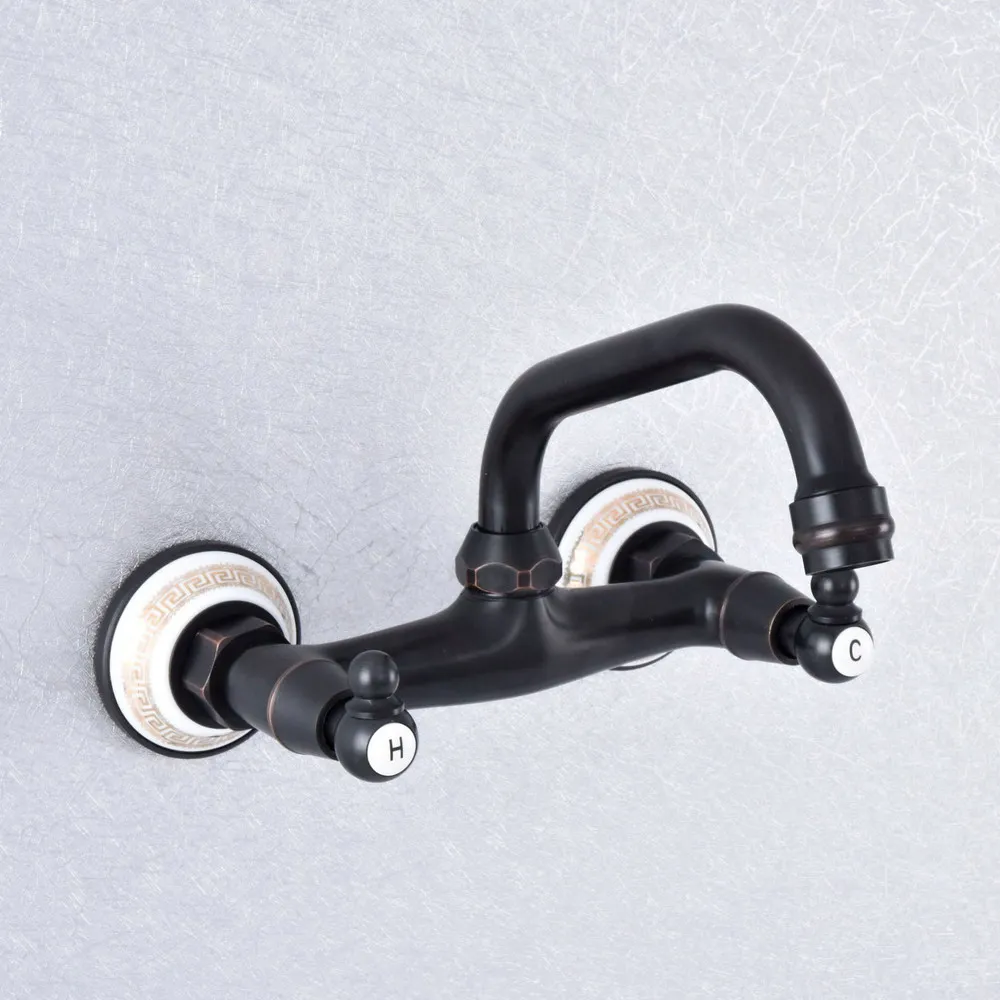 

Black Oil Rubbed Bronze Wall Mounted Swivel Spout Kitchen Sink Faucet Bathroom Basin Cold Hot Water Mixer Taps Dsf731