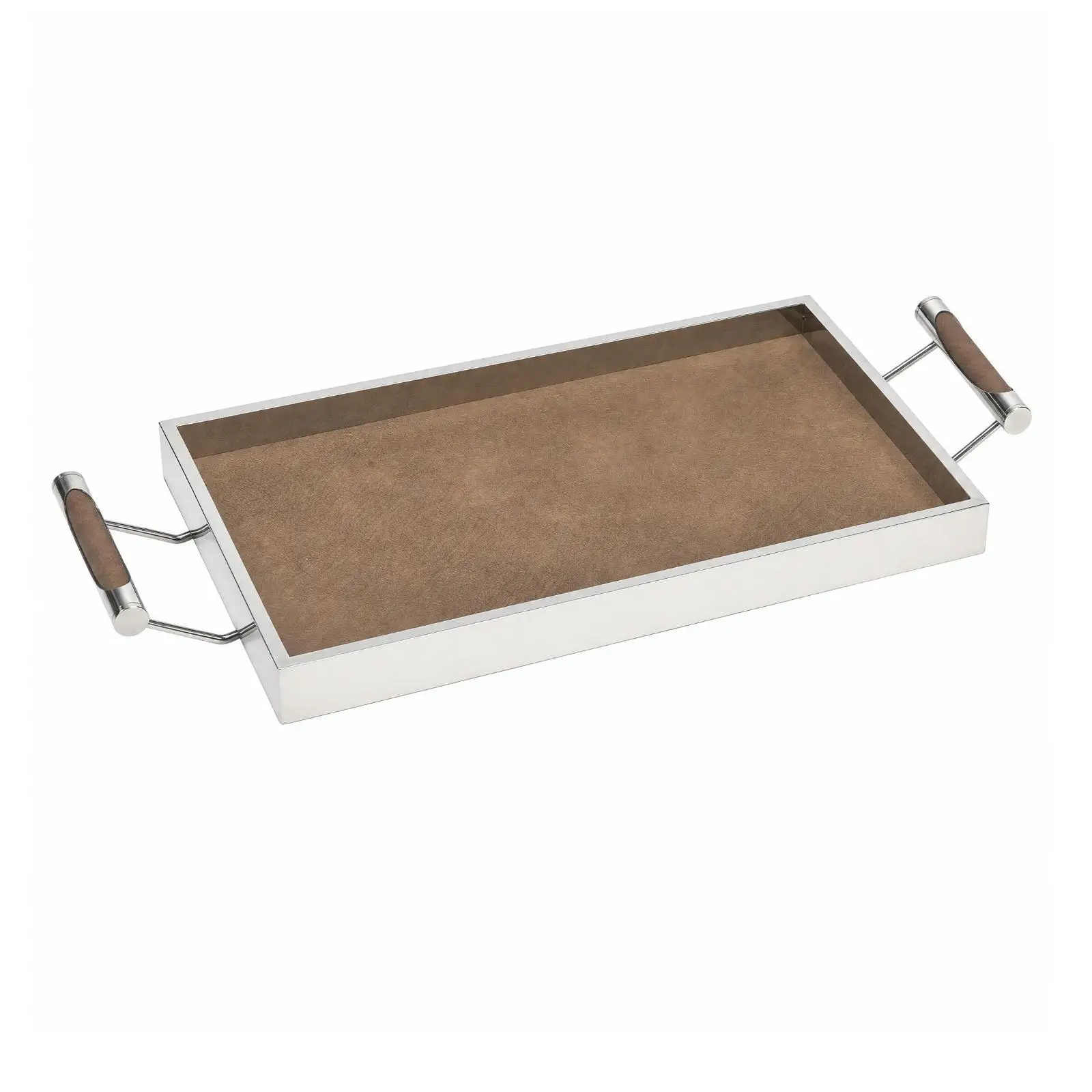 Sleek Stainless Steel Serving Tray PU Leather Interior Rectangular Decorative Tray for Living Room Display