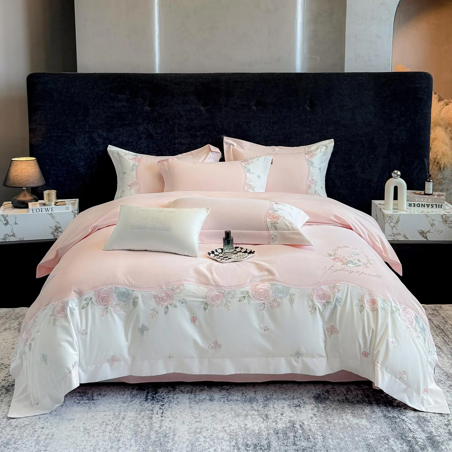 

Pink Princess Bedding Sets Luxury Rose Flowers Embroidery Duvet Cover Set Fitted Bed Sheet Pillowcase Home Textile King Queen