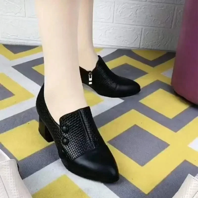 Cresfimix Zapatos De Mujer women black plaid pointed toe pu leather slip on square heel shoes lady classic sweet shoes a6956