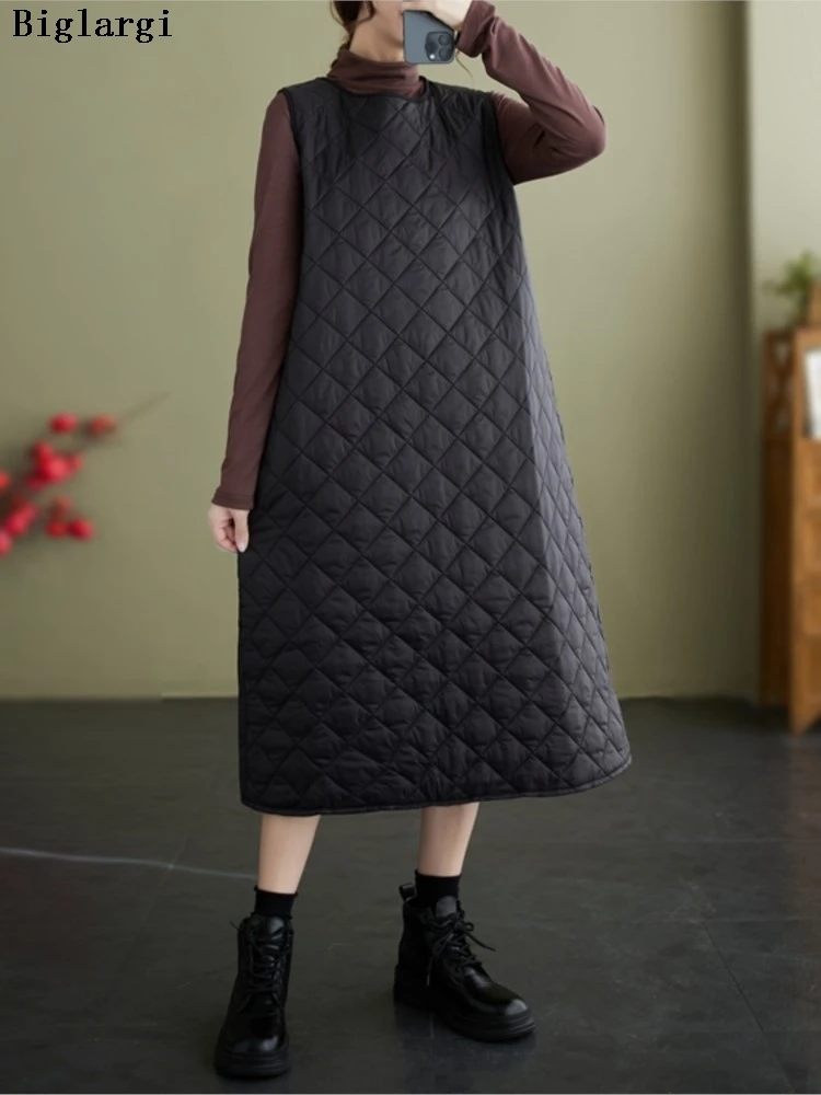 

Большие осенне-зимние стеганые хлопковые жилеты, платье, женские клетчатые модные повседневные женские жилеты, платья, свободные женские топы без рукавов