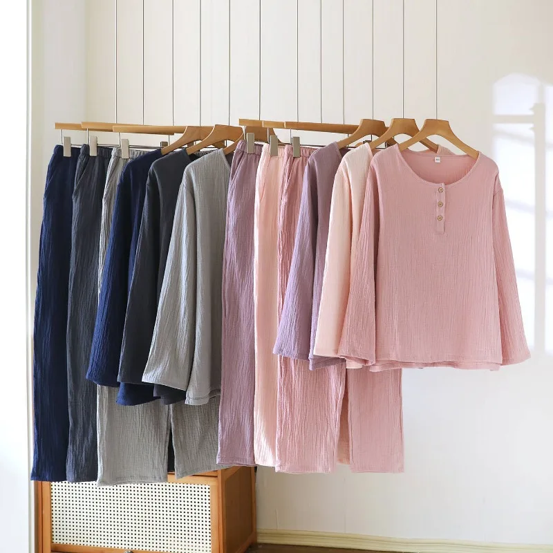 Spring Autumn Pure Cotton Gauze Pajama Sets. Unisex Long-Sleeve, Henley Neck Pullover. Ultra-Soft Plus Size Home & Lounge Wear.