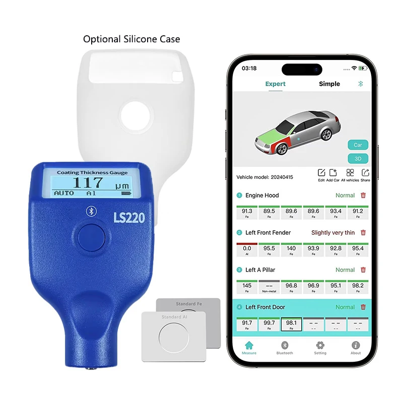 LS220 Paint Coating Thickness Tester 0-3500μm 0.1μm Fe NFe Probe Gauge for Auto Car Paint Film Thickness Gauge -20℃ LCD Screen